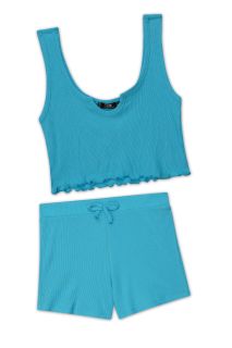 Rib-Knit Notch Neck Tops and Knotted Shorts Set (Sky Blue)