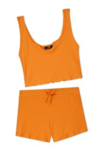 Rib-Knit Notch Neck Tops and Knotted Shorts Set (Orange)