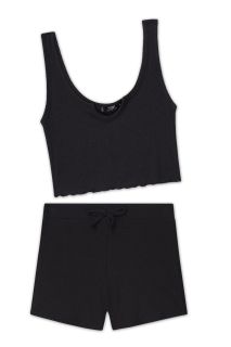 Rib-Knit Notch Neck Tops and Knotted Shorts Set (Black)