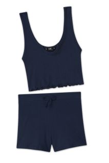 Rib-Knit Notch Neck Tops and Knotted Shorts Set (Dark Blue)