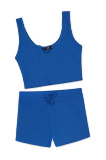 Rib-Knit Notch Neck Tops and Knotted Shorts Set (Blue)