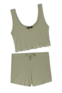 Rib-Knit Notch Neck Tops and Knotted Shorts Set (Leaf Green)