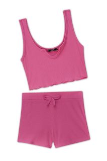 Rib-Knit Notch Neck Tops and Knotted Shorts Set (Pink)