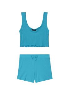 Rib-Knit Notch Neck Tops and Knotted Shorts Set (Sky Blue)