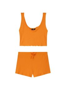 Rib-Knit Notch Neck Tops and Knotted Shorts Set (Orange)