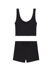 Rib-Knit Notch Neck Tops and Knotted Shorts Set (Black)