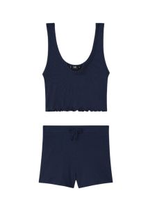 Rib-Knit Notch Neck Tops and Knotted Shorts Set (Dark Blue)