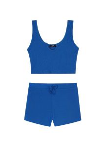 Rib-Knit Notch Neck Tops and Knotted Shorts Set (Blue)