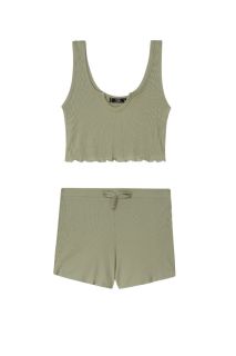 Rib-Knit Notch Neck Tops and Knotted Shorts Set (Leaf Green)