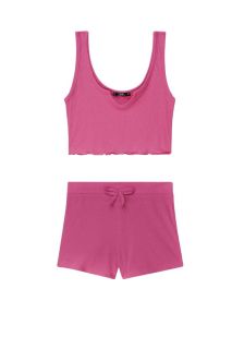 Rib-Knit Notch Neck Tops and Knotted Shorts Set (Pink)